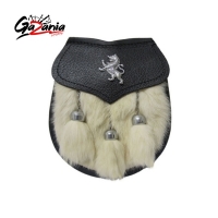 Rabbit Fur Lion Sporran Front opening with lion badge on the flap 3 tassels