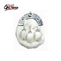    Sporrans are made from White Rabbit Furr at the front & Leather at the back. Featuring a chrome f