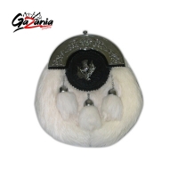  Sporran is made of white rabbit fur with 3 white fur tassels dangling on chains.